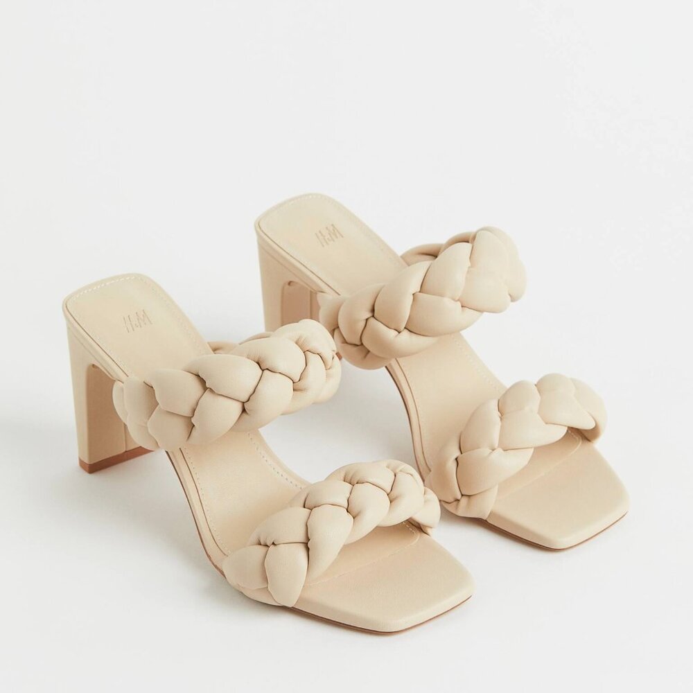 Braided Strap Slip-on Sandals with Block Heel in Neutral Nude